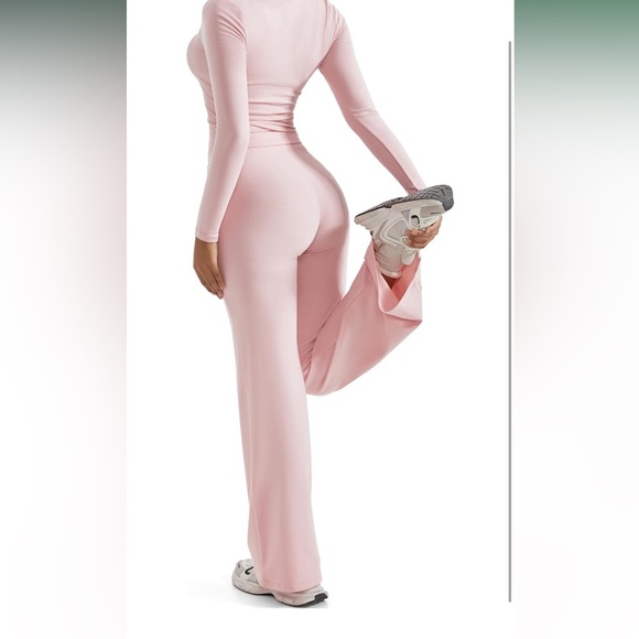 Pink Women’s Lounge Set Lace Square Neck Long Sleeve Top & Wide Leg Pant - Picture 3 of 15